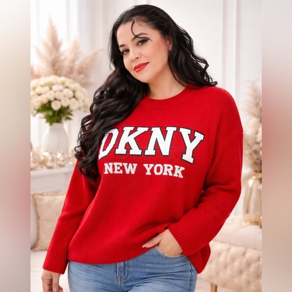 NWT DKNY Jeans New York Logo Sweater Size S Red Crewneck